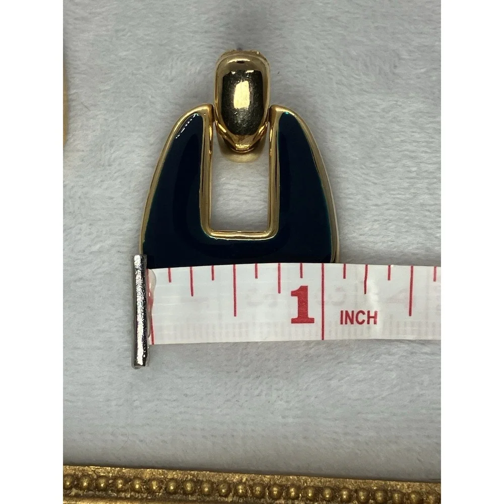 Vtg Earrings Gold Tone Blue Enamel Door Knocker Old Money Statement Estate 80's